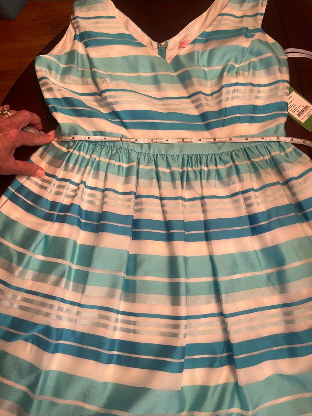 Lilly Pulitzer Aqua & White Striped Sleeveless Fit-and-Flare Dress - Picture 7 of 8